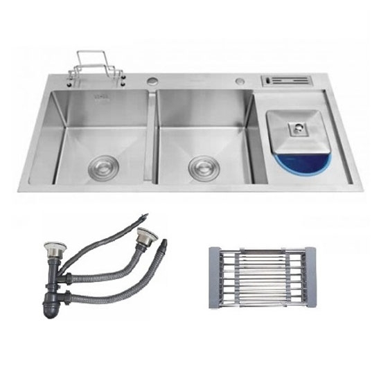 Chậu rửa chén Handmade 2 hộc 1 cánh AVH 10048-I3-PK (Inox 304) (gắn phụ kiện)