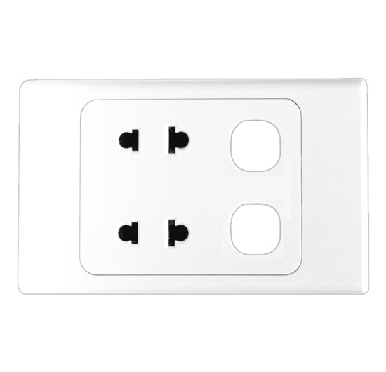 Mặt 2 ổ cắm 2 chấu và 2 lỗ công tắc MPE A20US2XXN