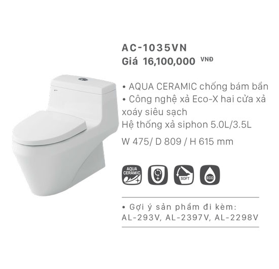 Bồn cầu Inax 1 khối AC-1035VN (Men AQUA CERAMIC)