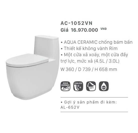 Bồn cầu Inax 1 khối AC-1052VN (Men AQUA CERAMIC)