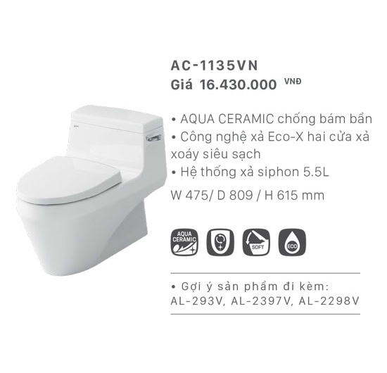 Bồn cầu Inax 1 khối AC-1135VN (Men AQUA CERAMIC)