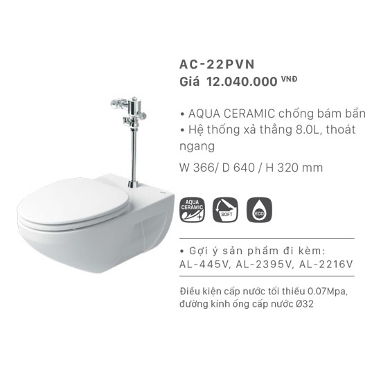 Bồn cầu treo tường Inax AC-22PVN (Men AQUA CERAMIC)