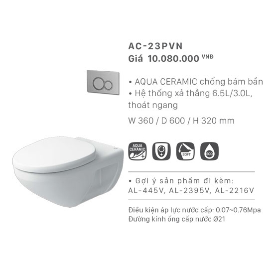 Bồn cầu treo tường Inax AC-23PVN (Men AQUA CERAMIC)