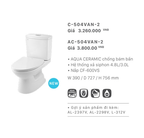 Bồn cầu Inax 2 khối AC-504VAN-2 (Men AQUA CERAMIC) (Van khóa T)