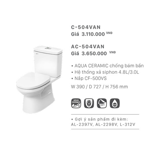 Bồn cầu Inax 2 khối AC-504VAN  (Men AQUA CERAMIC) (Van khóa T)