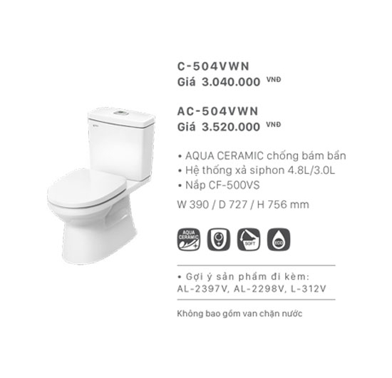 Bồn cầu Inax 2 khối AC-504VWN  (Men AQUA CERAMIC)