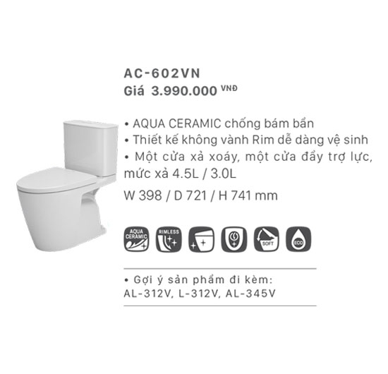 Bồn cầu Inax 2 khối AC-602VN (Men AQUA CERAMIC)