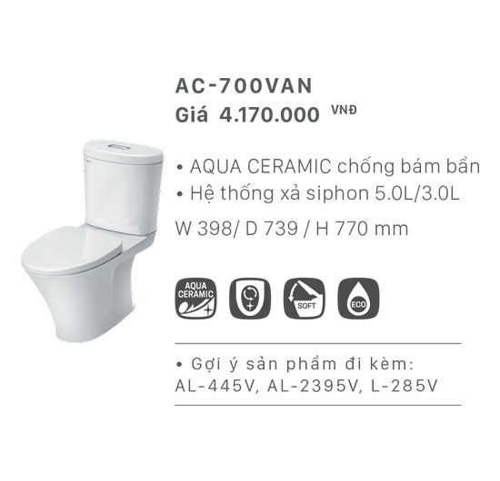 Bồn cầu Inax 2 khối AC-700VAN (Men AQUA CERAMIC)