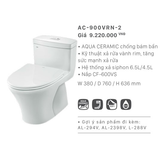 Bồn cầu Inax 1 khối AC-900VRN-2 (Men AQUA CERAMIC)