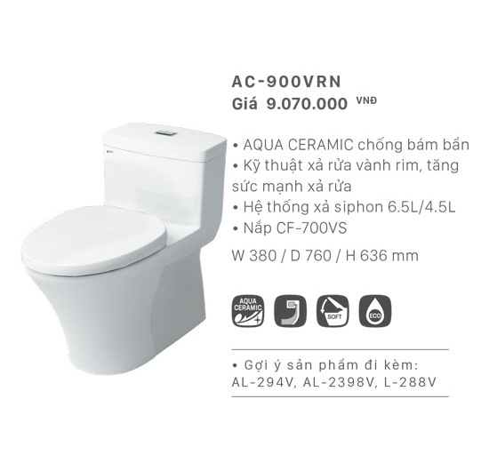 Bồn cầu Inax 1 khối AC-900VRN (Men AQUA CERAMIC)
