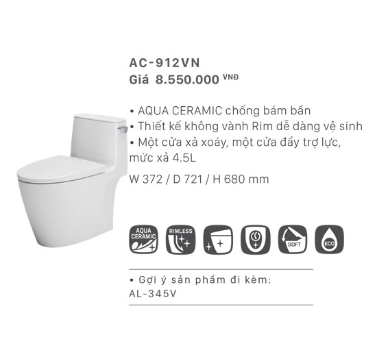 Bồn cầu Inax 1 khối AC-912VN (Men AQUA CERAMIC)