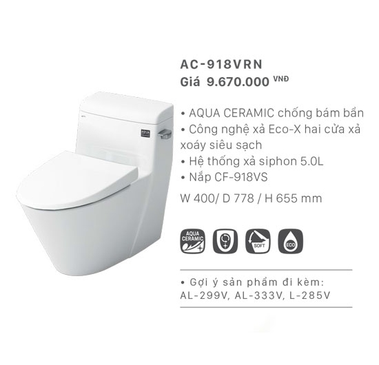 Bồn cầu Inax 1 khối AC-918VRN (Men AQUA CERAMIC)
