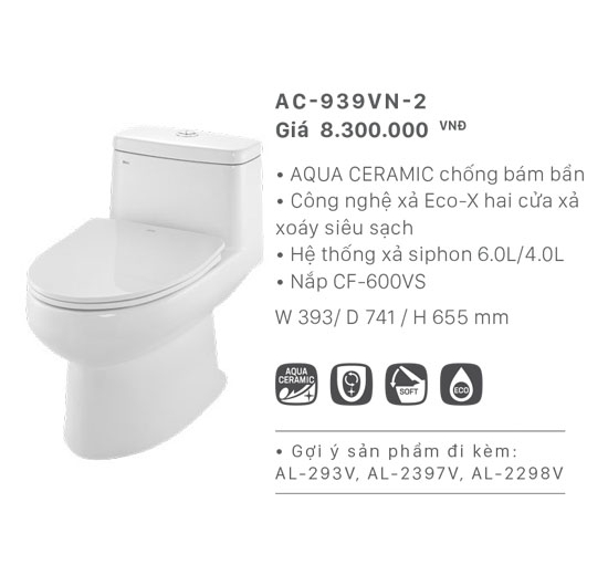 Bồn cầu Inax 1 khối AC-939VN-2 (Men AQUA CERAMIC)