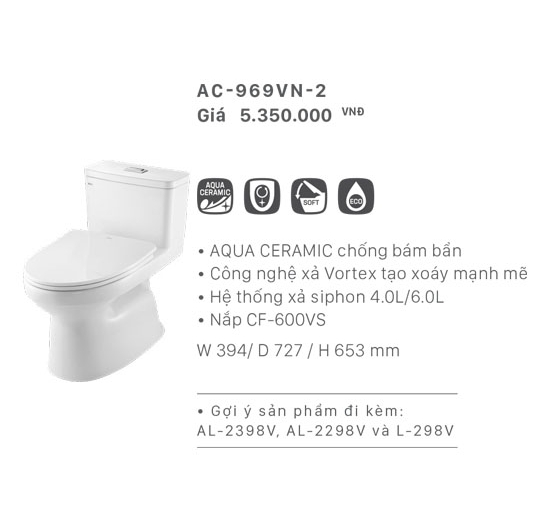 Bồn cầu Inax 1 khối AC-969VN-2 (Men AQUA CERAMIC)