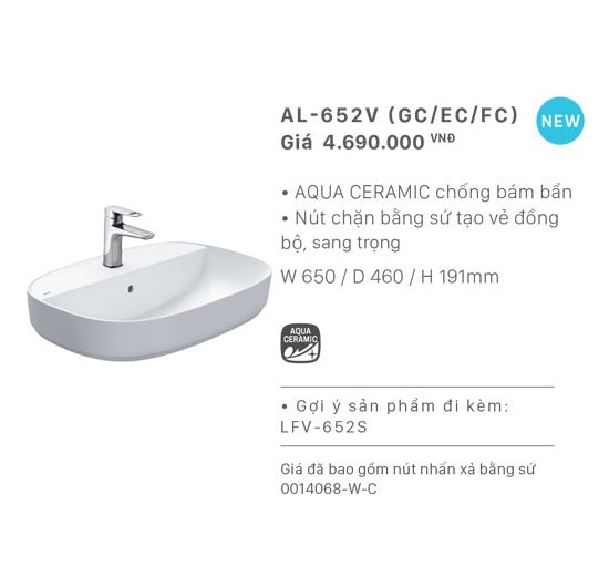 Chậu rửa mặt Lavabo đặt bàn Inax AL-652V (Men AQUA CERAMIC)