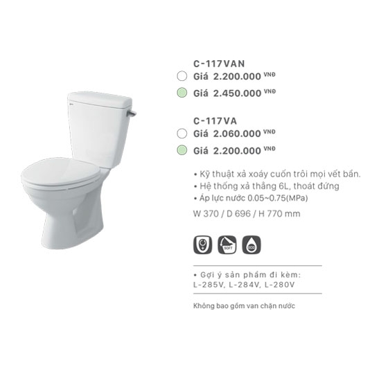 Bồn cầu Inax 2 khối C-117VAN (Nắp rơi êm)
