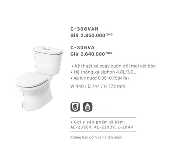 Bồn cầu Inax 2 khối C-306VA (Nắp thường)