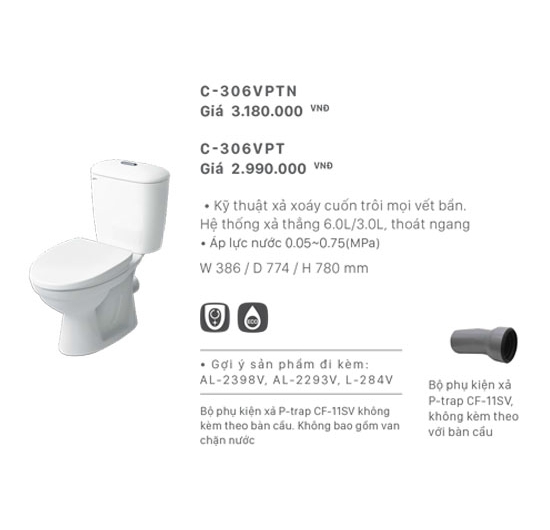 Bồn cầu thoát ngang Inax 2 khối C-306VPT (Nắp thường)