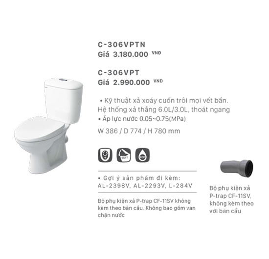 Bồn cầu thoát ngang Inax 2 khối C-306VPTN (Nắp rơi êm)