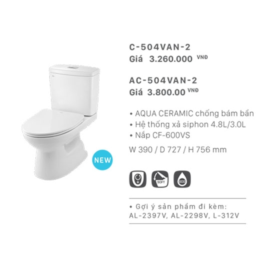 Bồn cầu Inax 2 khối C-504VAN-2 (Van khóa T)