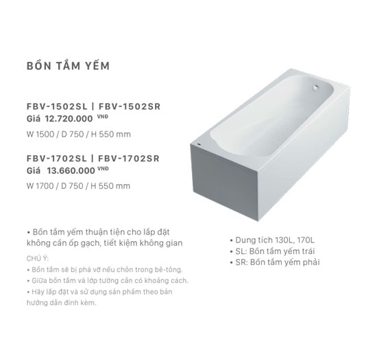 Bồn tắm yếm nằm Inax FBV-1702SL (yếm trái) / FBV-1702SR (yếm phải)