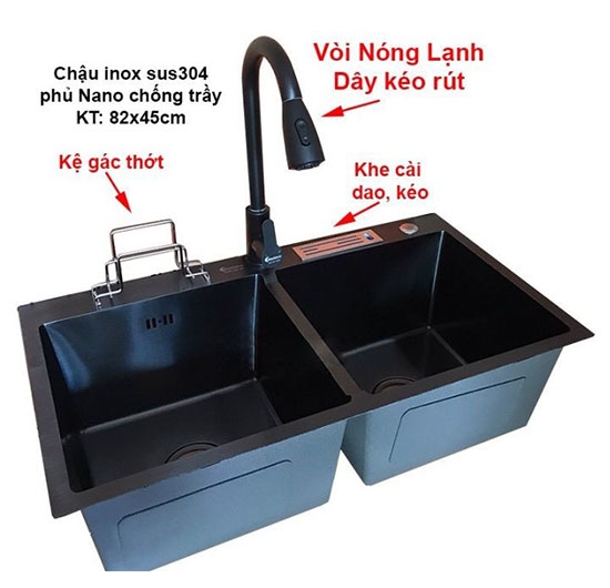 Chậu rửa chén Handmade 2 hộc đều AVH 8245-I2-N-PK (Inox 201 phủ nano) (găn phụ kiện)