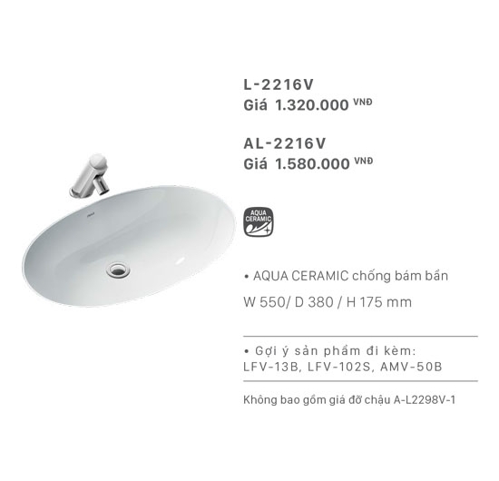 Chậu rửa mặt Lavabo âm bàn (âm mặt đá) Inax AL-2216V (Men AQUA CERAMIC)