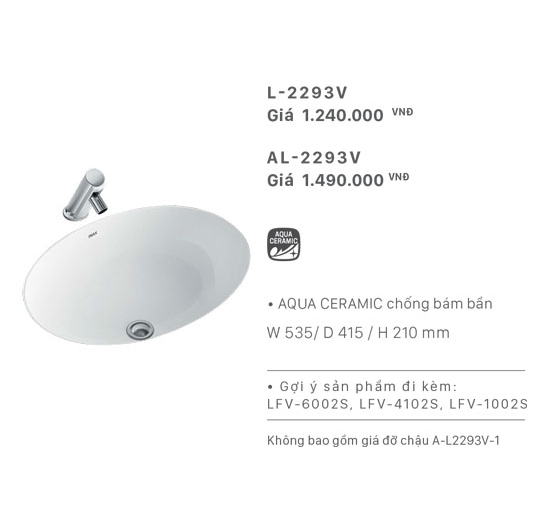 Chậu rửa mặt Lavabo âm bàn (âm mặt đá) Inax AL-2293V (Men AQUA CERAMIC)