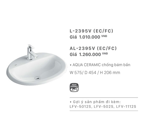 Chậu rửa mặt Lavabo âm bàn (âm mặt đá) Inax AL-2395V (Men AQUA CERAMIC)