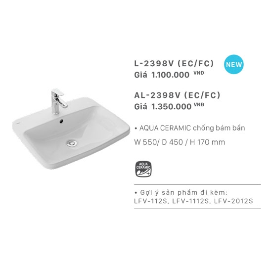 Chậu rửa mặt Lavabo âm bàn (âm mặt đá) Inax L-2398V