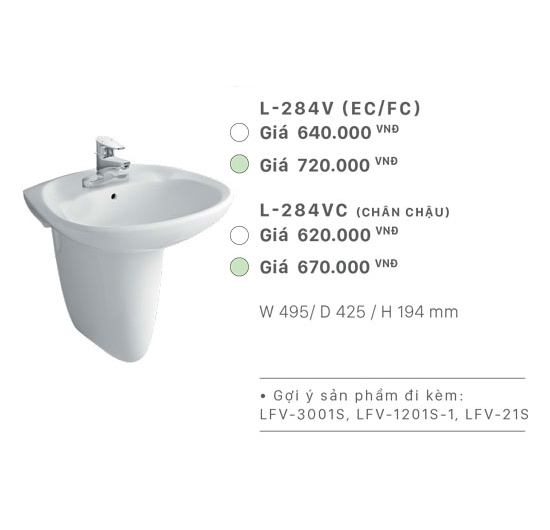 Chậu rửa mặt Lavabo Inax L-284V + chân treo L-284VC