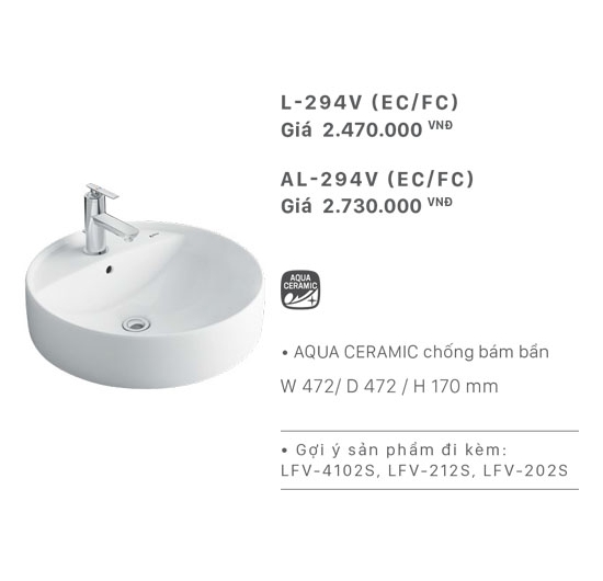 Chậu rửa mặt Lavabo đặt bàn Inax L-294V