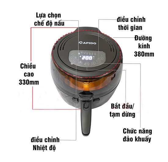 Nồi Chiên Không Dầu Rapido Inverter RAF6.5D (6.5L) (1800W) (Điều khiển điện tử)